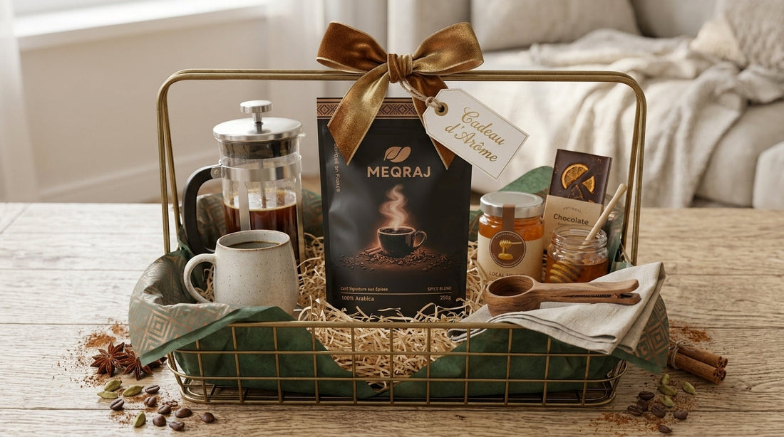Paquet de café et accessoires présentés comme idée cadeau