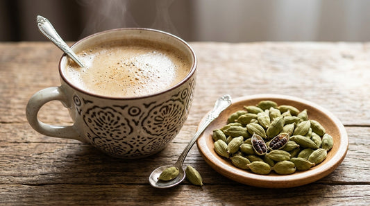  Gousses de cardamome verte à côté d'une tasse de café 