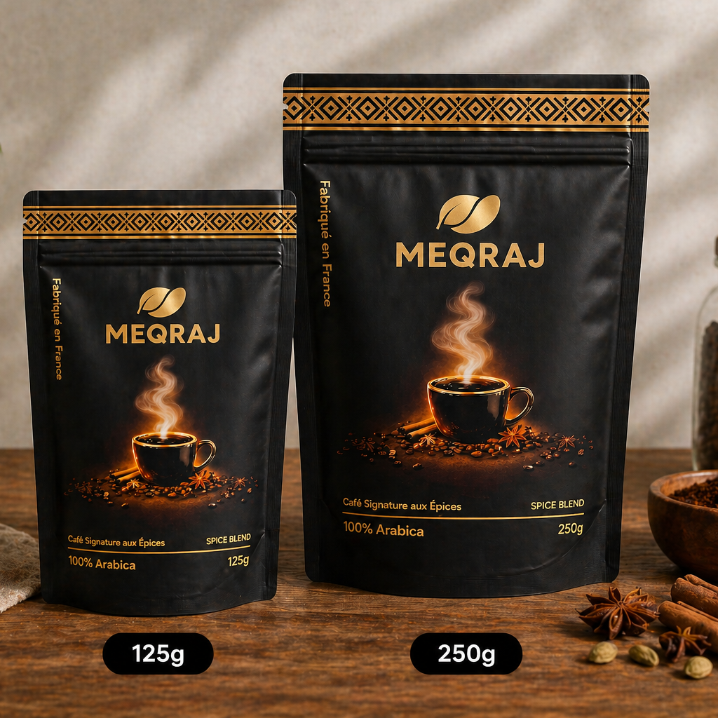 Formats 125g et 250g du café marocain aux épices MEQRAJ