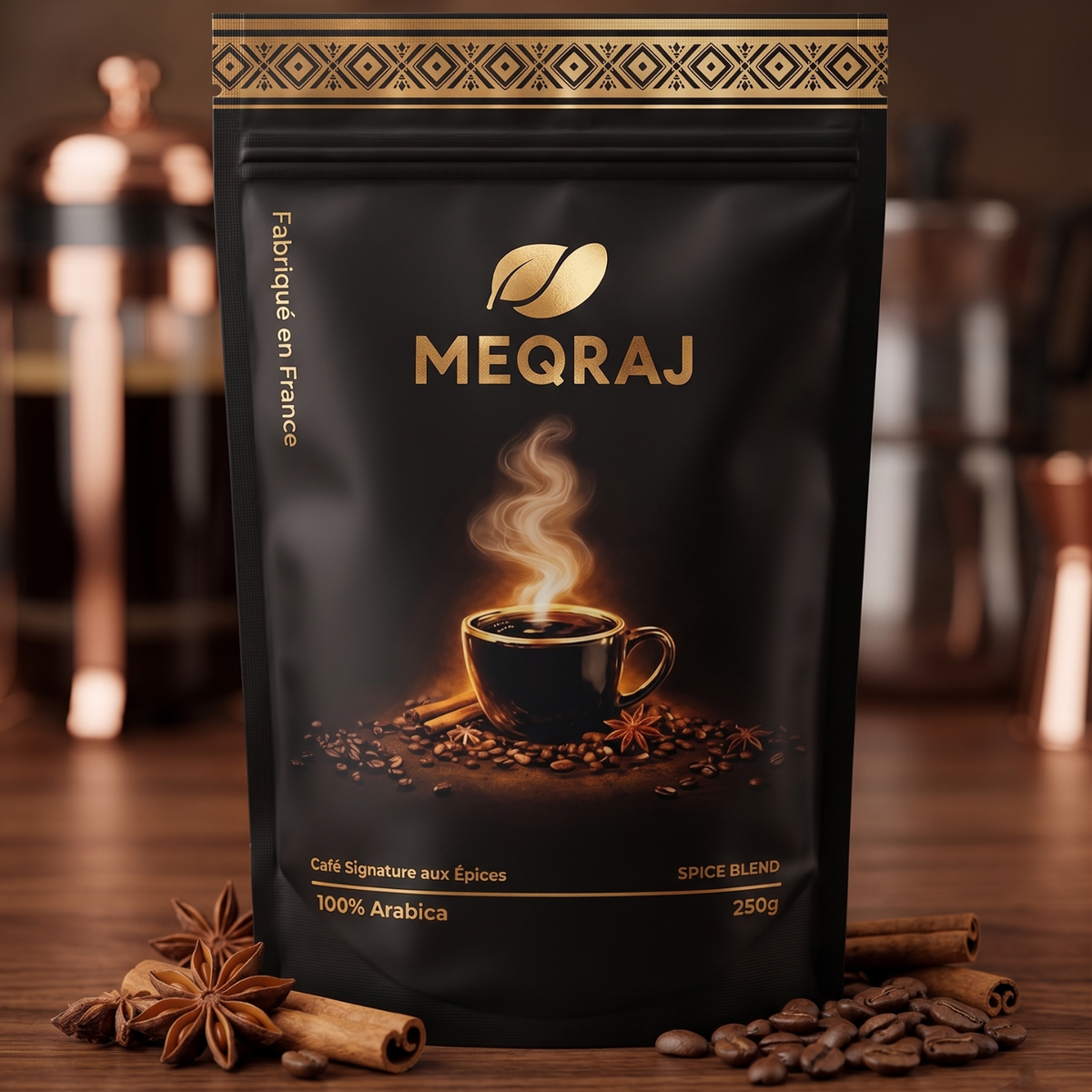 Sachet de café marocain MEQRAJ entouré de cardamome, cannelle et clous de girofle